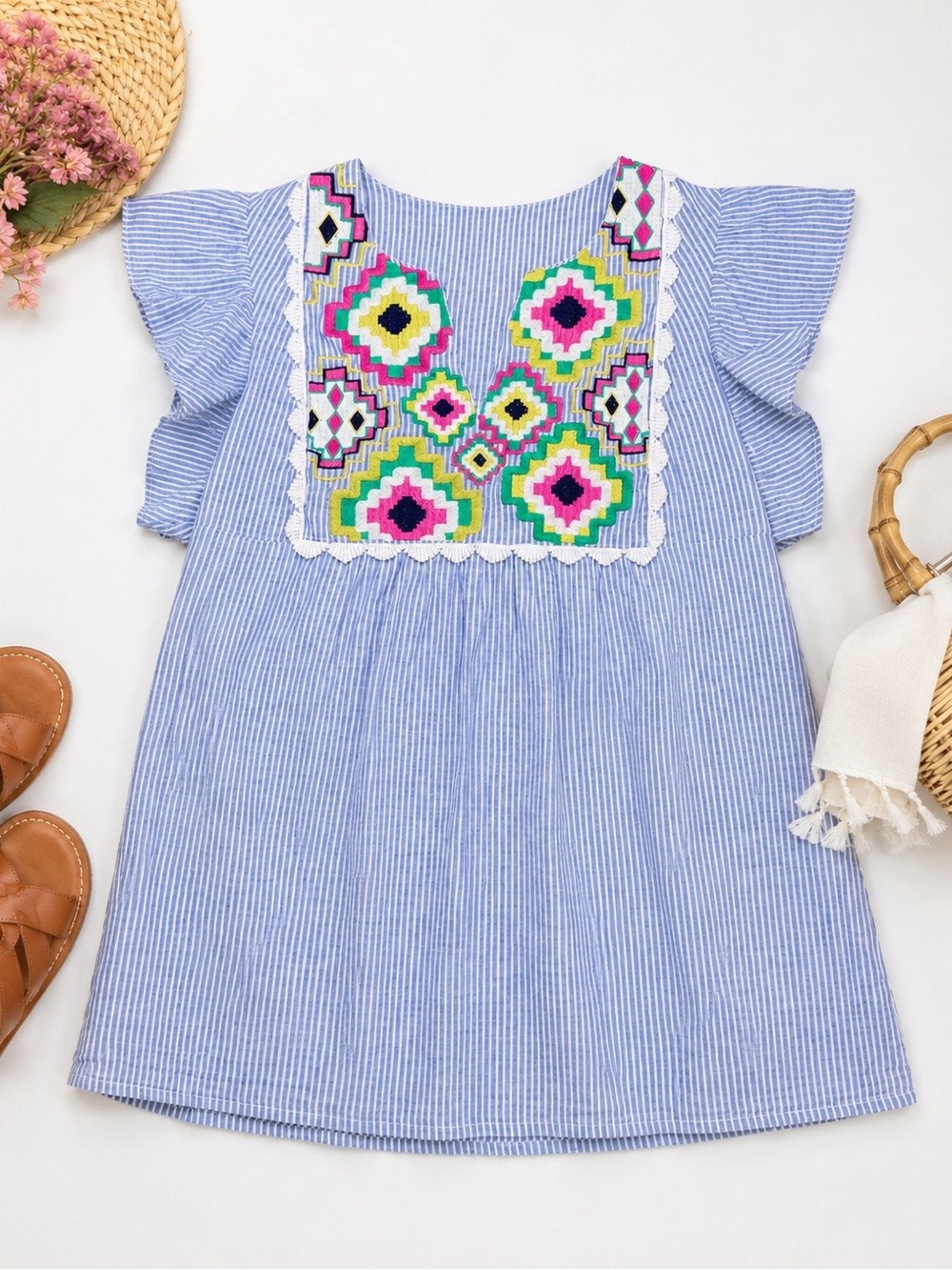 THML Blue White Stripe Embroidered Boho Top Flutter Sleeve Size Small